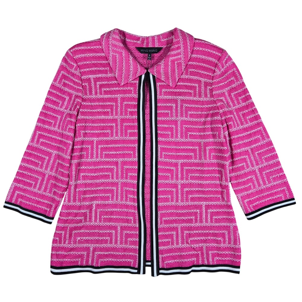 Ming Wang Knit Jacket Womens S Pink Geometric Open Front Cardigan Professional
